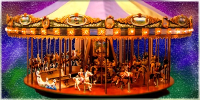 Old fashioned carousel, with animals and wagons.
